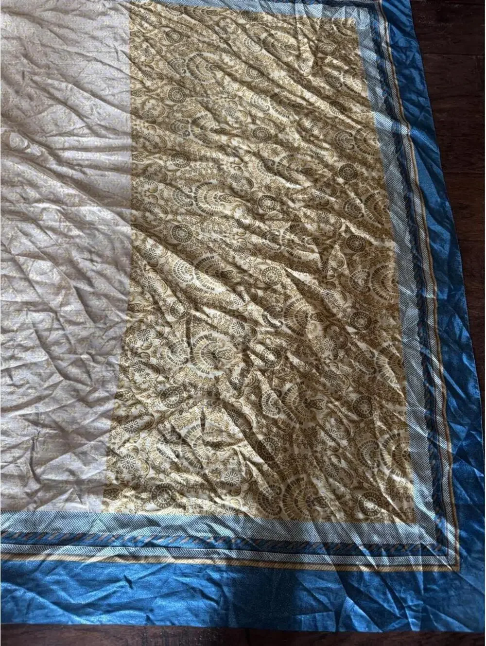 Oversized Boho Statement Scarf in Sapphire Blue, Gold, Ivory & Taupe with Paisle